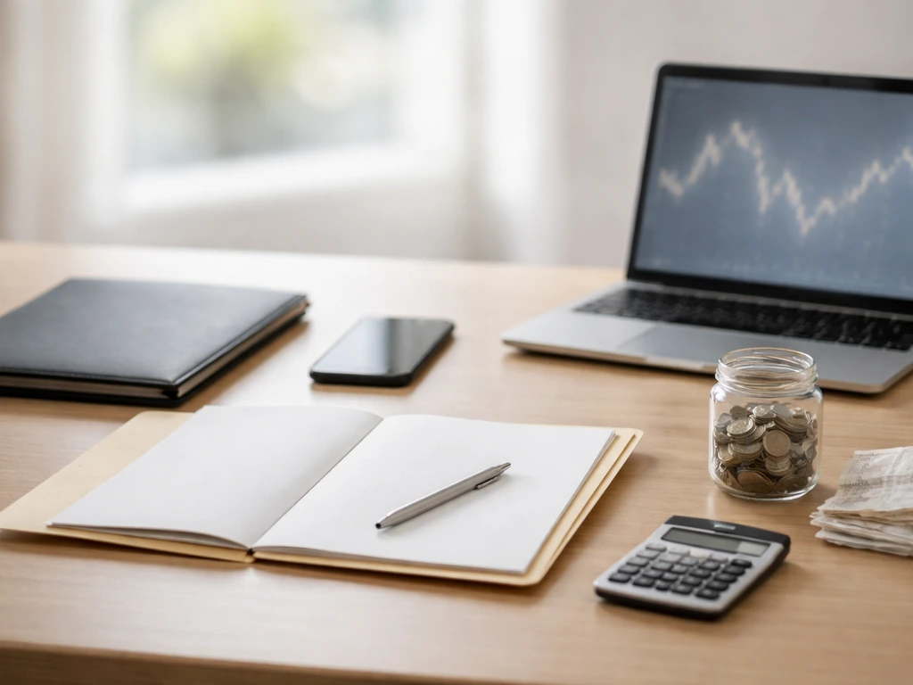 Minimal office scene with documents, calculator, and a laptop showing evidence-linked objects symbolizing a net worth es