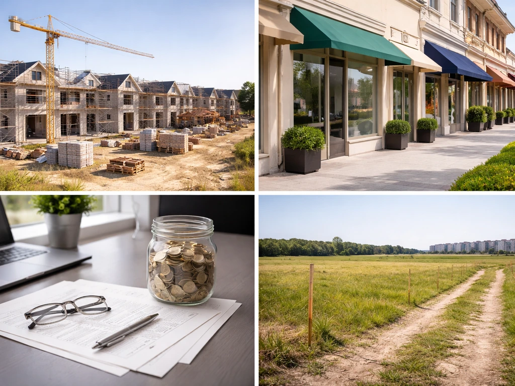 Four minimal photo tiles showing homebuilding, retail, passive income, and land holdings concepts.