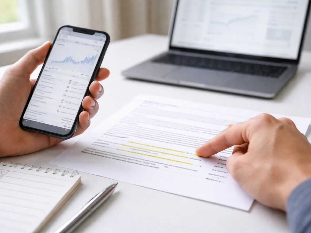 Hands comparing documents and a phone quote on a desk with a blank checklist, symbolizing verifying updates.