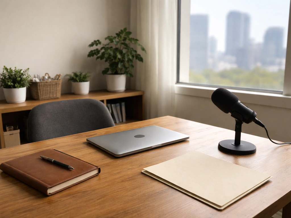 Minimal nonprofit leadership office scene with a desk, laptop, and tabletop microphone by a window.