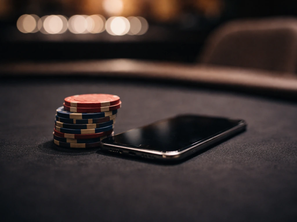 Close-up of a poker chip beside a smartphone showing a blank dark interface, evoking online poker coverage.