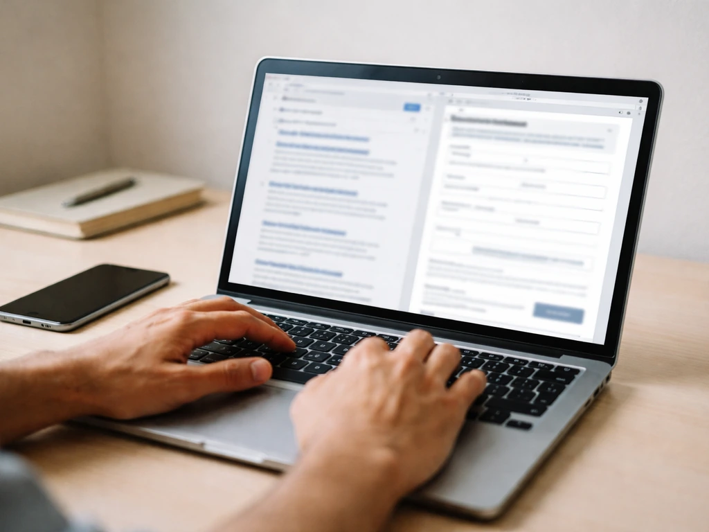 Person using laptop to research nonprofit finances on a browser, with a phone nearby
