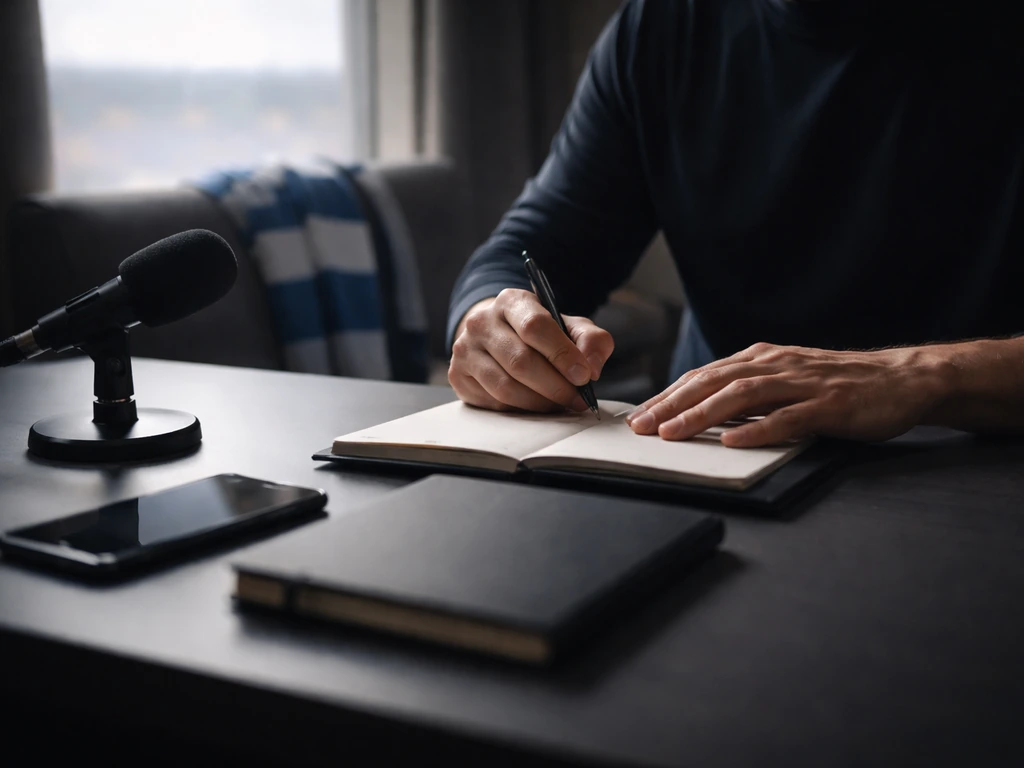Anonymous business analyst at a modern desk with a football-themed background, symbolizing net worth analysis