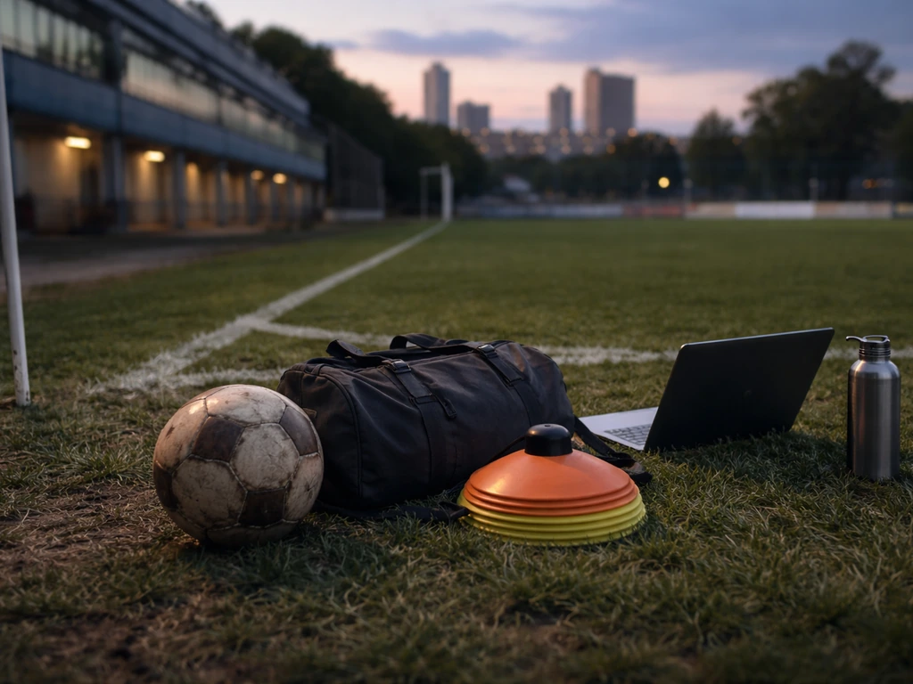 Empty football training corner with ball and bag, suggesting a career profile without showing the player.