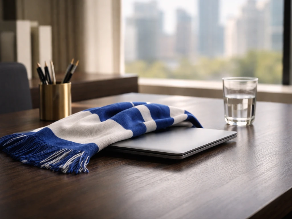 Minimal luxury office scene with a FC Porto–themed color palette, symbolizing a net worth estimate range.