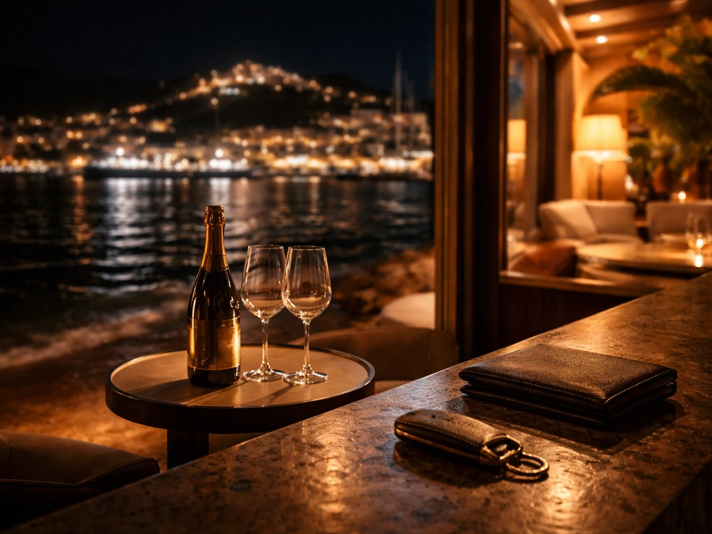 Ibiza waterfront at night with warm lounge lighting and subtle luxury objects on a bar counter, no people