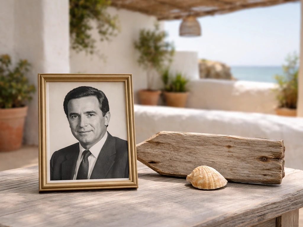 Framed vintage portrait on a table beside an Ibiza coastal patio cue, suggesting disambiguation.