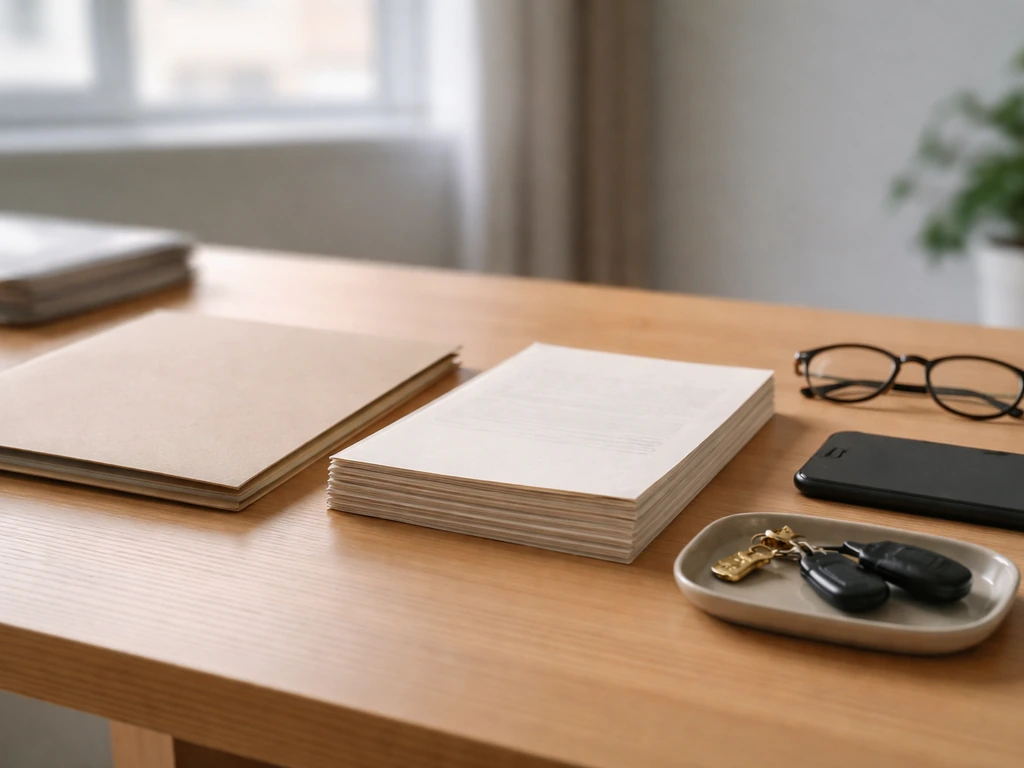 Minimal desk with documents, keys, glasses, and a phone symbolizing private net worth estimation inputs.