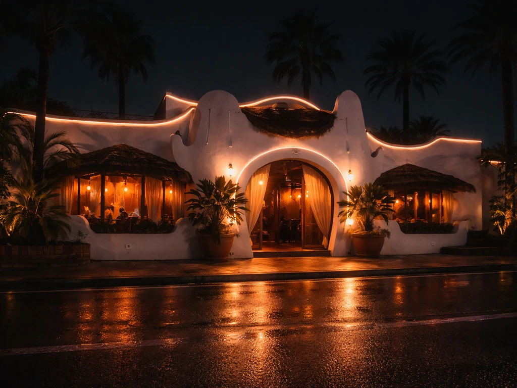 Night exterior of an Ibiza nightclub facade with warm interior lights and wet street reflections