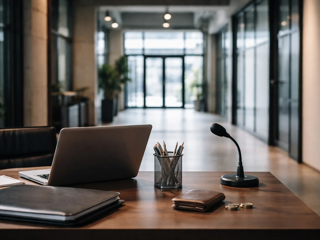 Minimal corporate desk in an industrial office, with laptop and small coins symbolizing business wealth analysis.