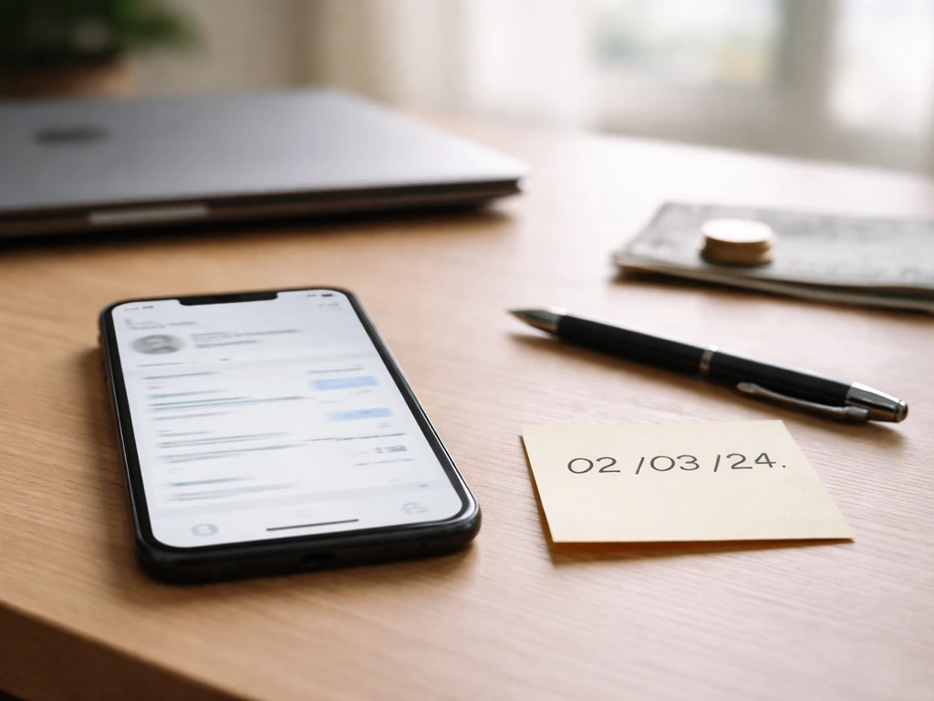 Minimal business desk with a smartphone showing a generic finance-style page and a date cue
