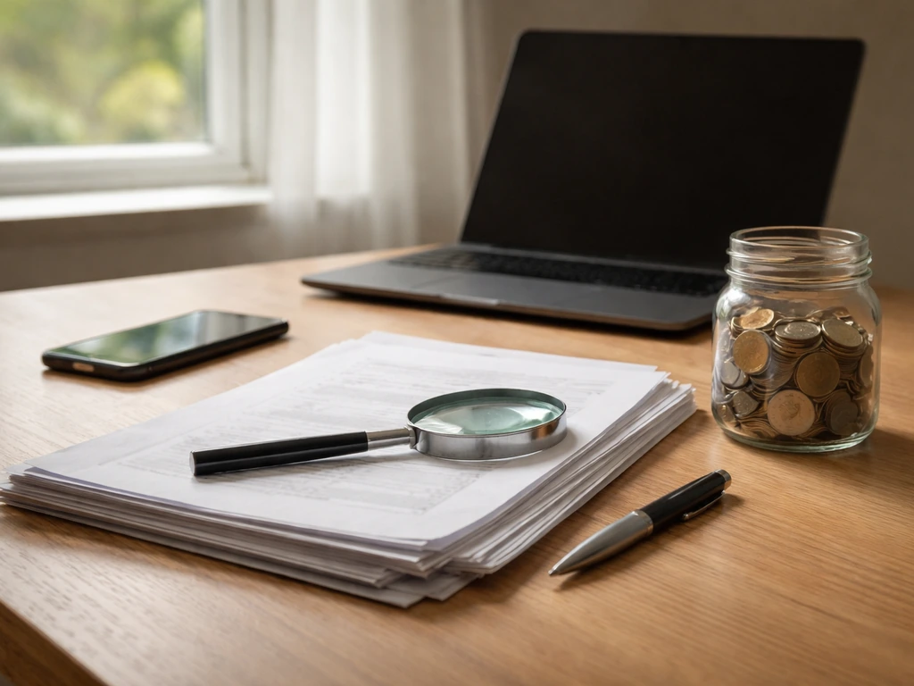 Minimal finance-analysis desk with laptop, documents, magnifying glass, and coins symbolizing net worth research.