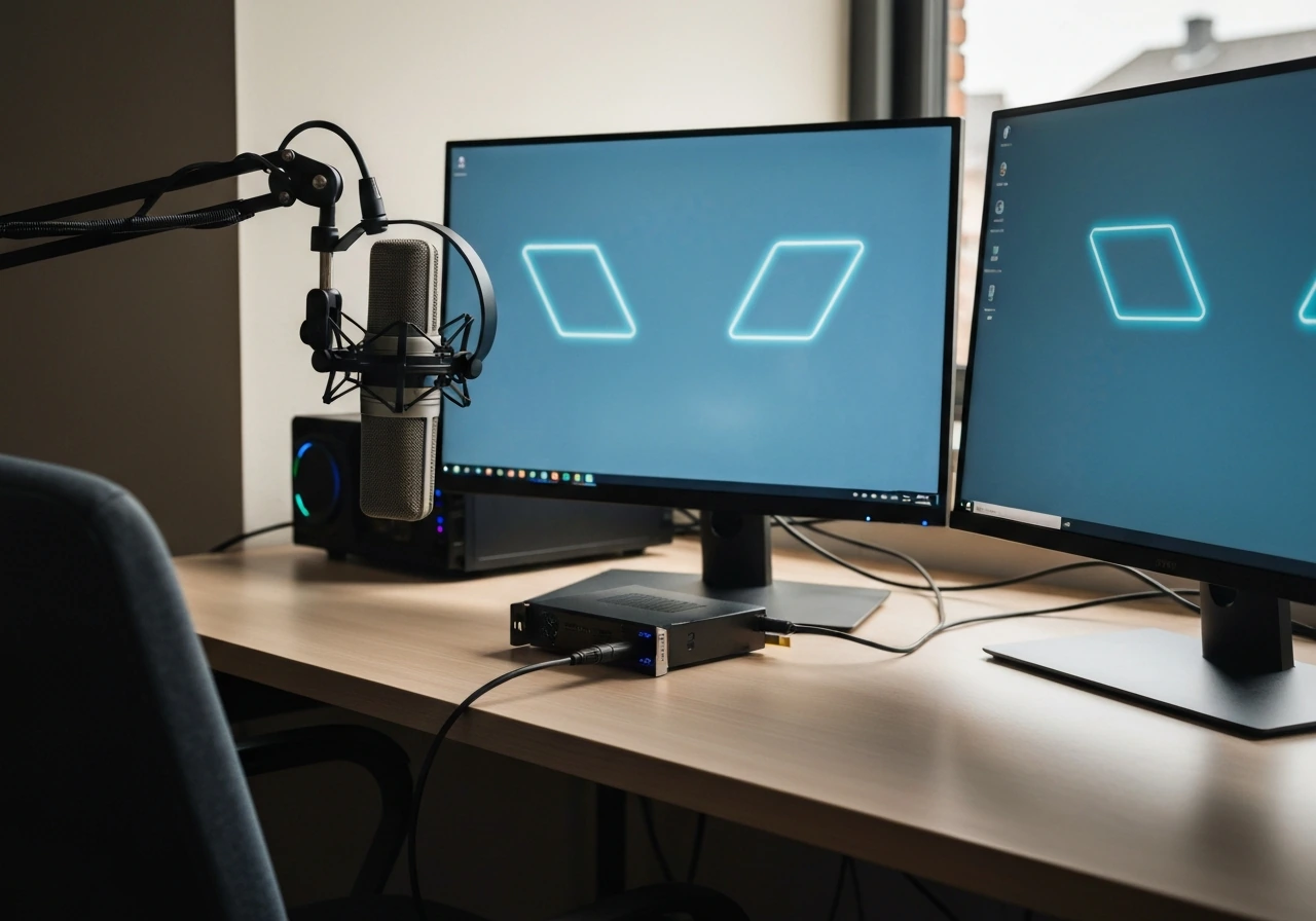 Minimal Twitch streaming setup with microphone, capture card, and dual monitors showing a generic streaming dashboard.