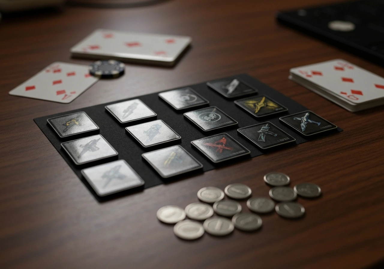 Close-up tabletop with CS:GO/CS2-style skin items and a gambling-themed card deck, blurred background lights.