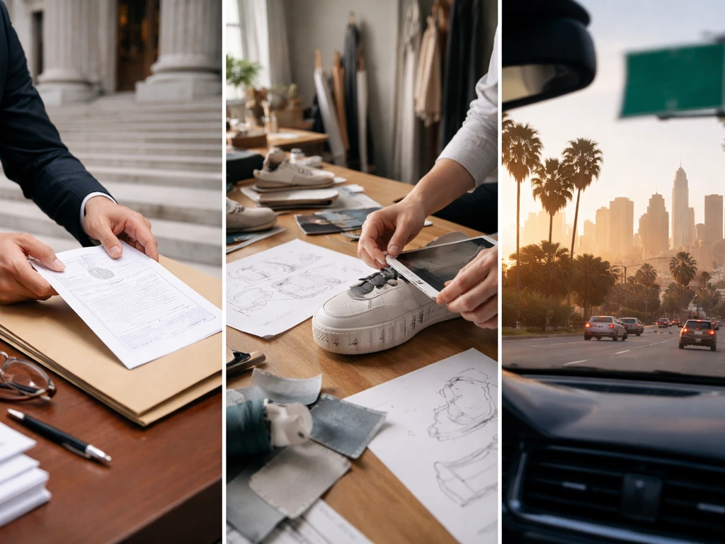 Minimal montage of three anonymous identity cues: courthouse, office desk with footwear sketches, and city skyline