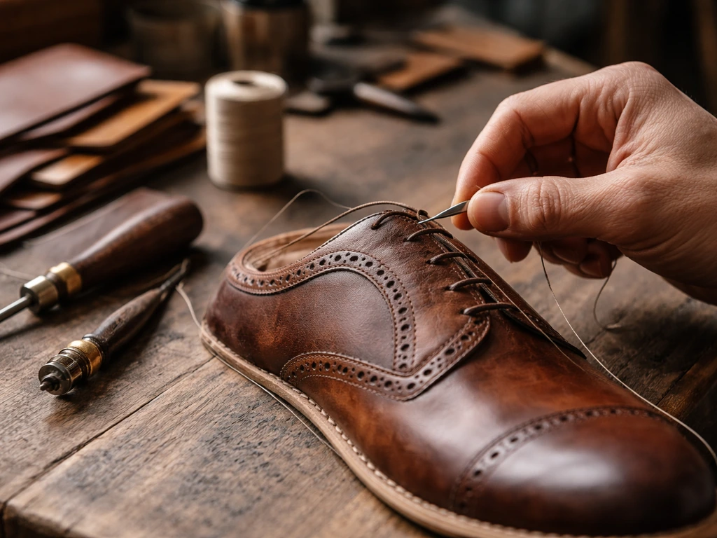 Anonymous artisan stitching a handcrafted shoe on a simple wooden workbench in a quiet atelier.