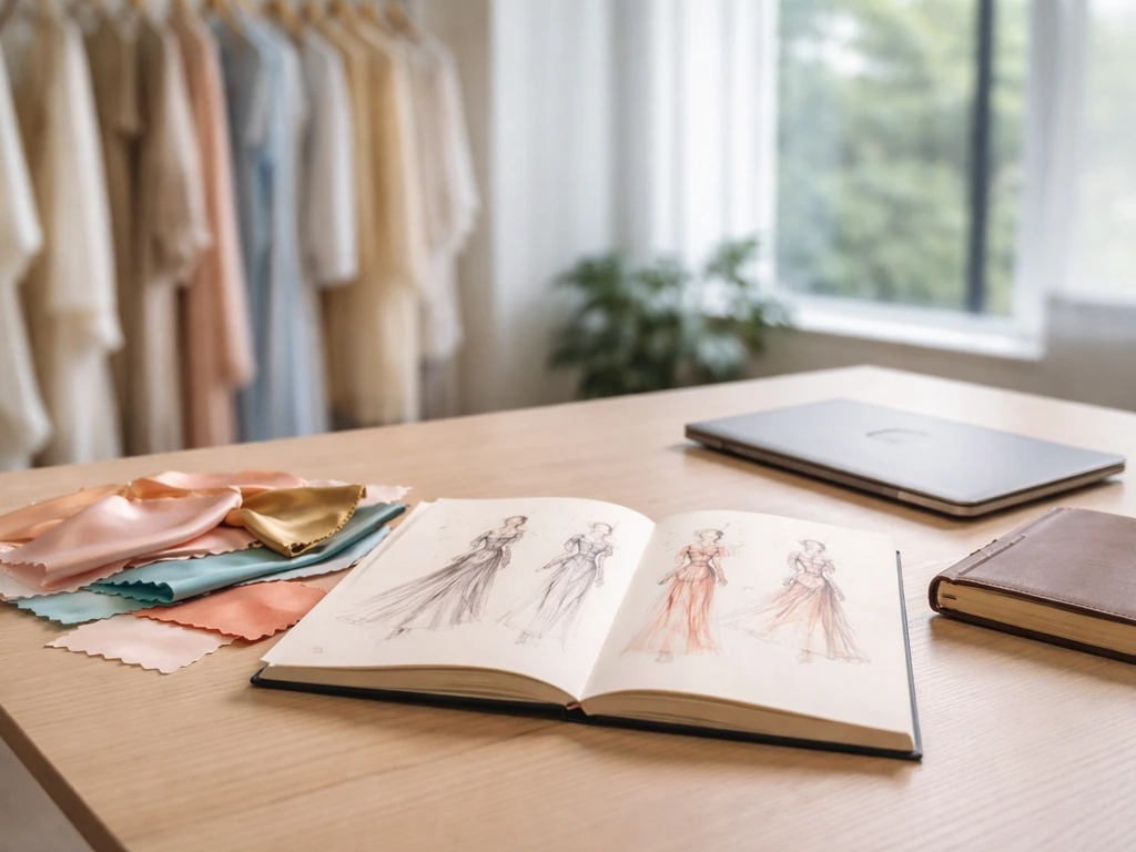 Luxury creative director workspace with fashion sketchbook, fabric swatches, and laptop in soft natural light.