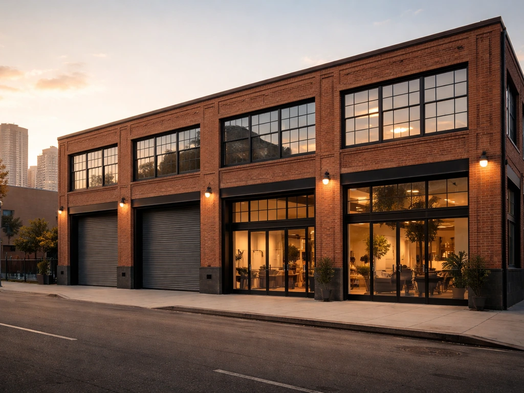 A large mixed-use building exterior in Downtown Los Angeles with factory and showroom spaces