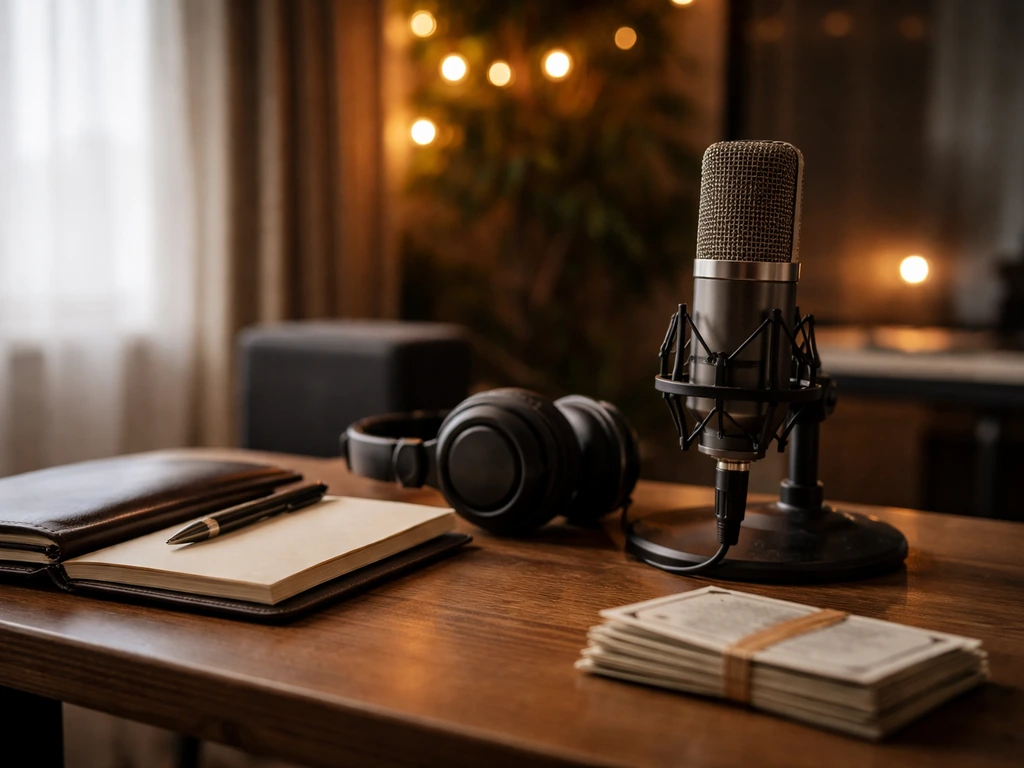 Minimal photo of a music studio desk with a microphone and subtle luxury details suggesting entertainment and wealth