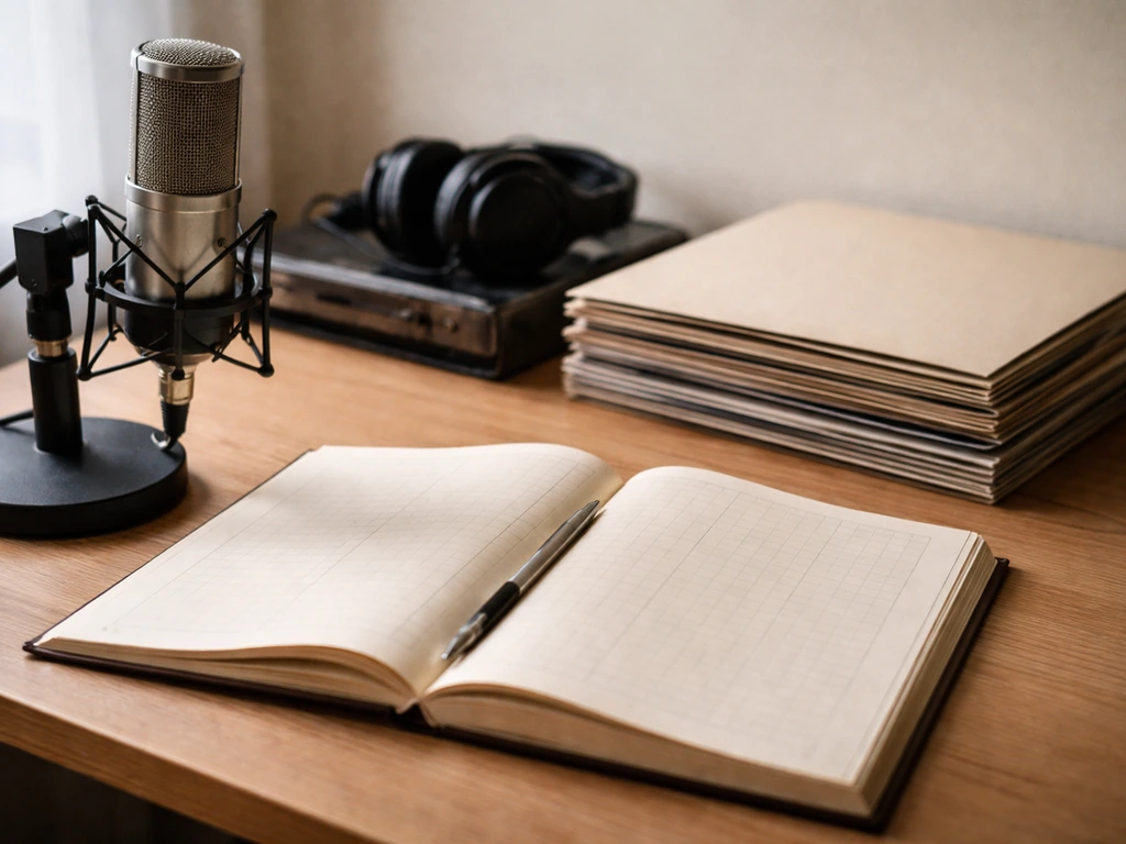 Close-up of a vintage music royalty ledger beside a studio microphone and vinyl records on a desk