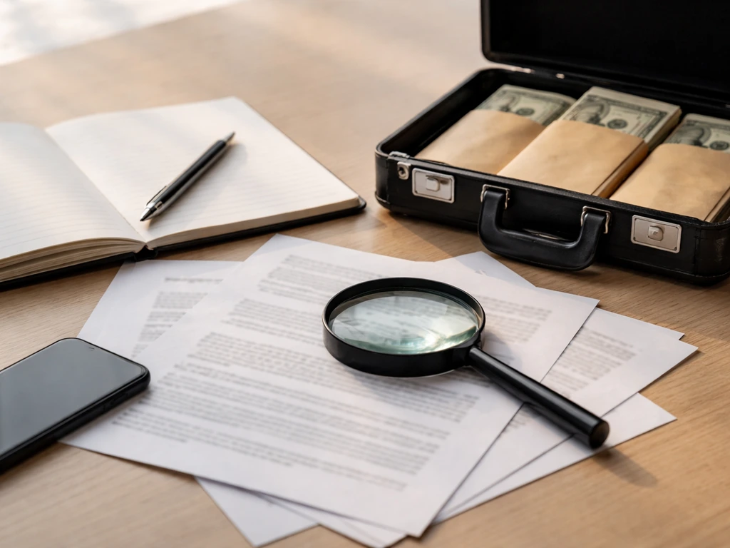 Close-up of open notebook with printed documents and a magnifying glass over a briefcase and cash envelopes