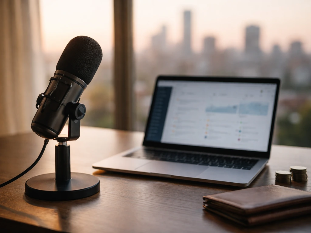 Minimal home-office scene with a podcast microphone, laptop, and coins suggesting tech wealth and founder media work.