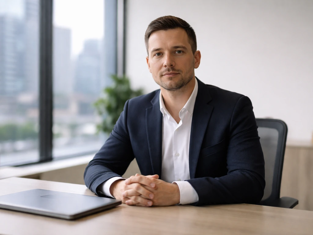 Authoritative photo of a suited man in a quiet office with a laptop and city view, no visible text.