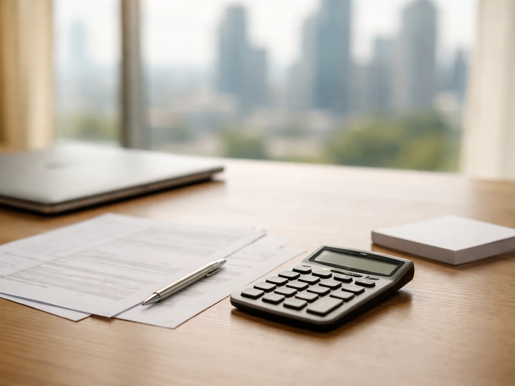 Minimal desk scene with a calculator and scattered documents suggesting private-company valuation uncertainty.