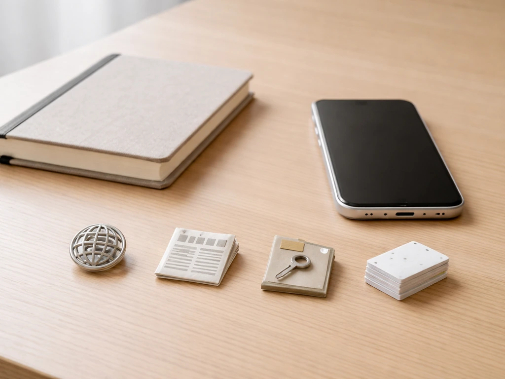 Minimal desk scene with phone and small checklist-like tokens for verifying an estimate.