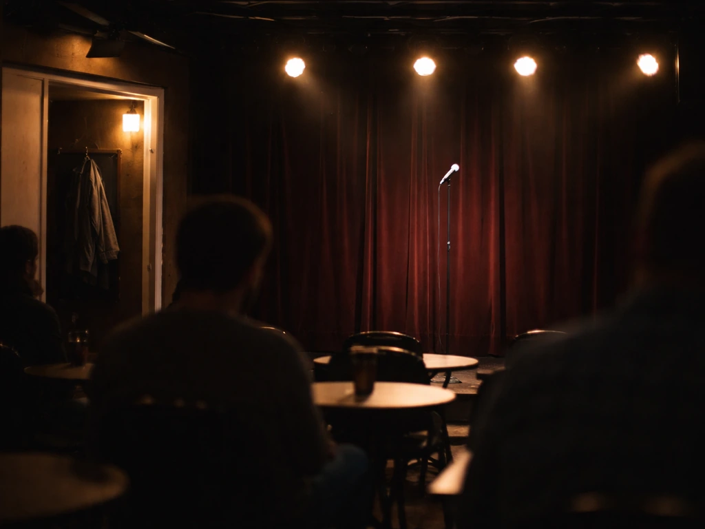 Warm comedy club stage with a microphone and empty seats, suggesting a working stand-up routine.