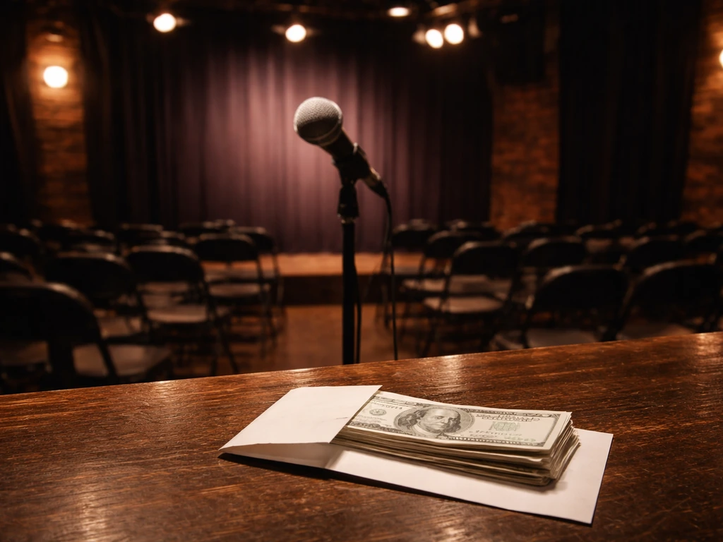 Warm-lit comedy club with an unbranded microphone and a plain envelope of cash on a bar counter.