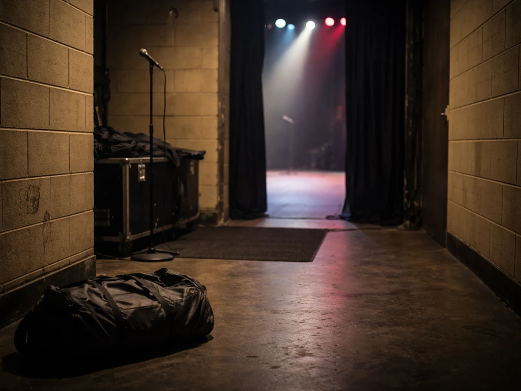 Backstage corridor with a microphone stand and duffel bag leading to a dim stage doorway.