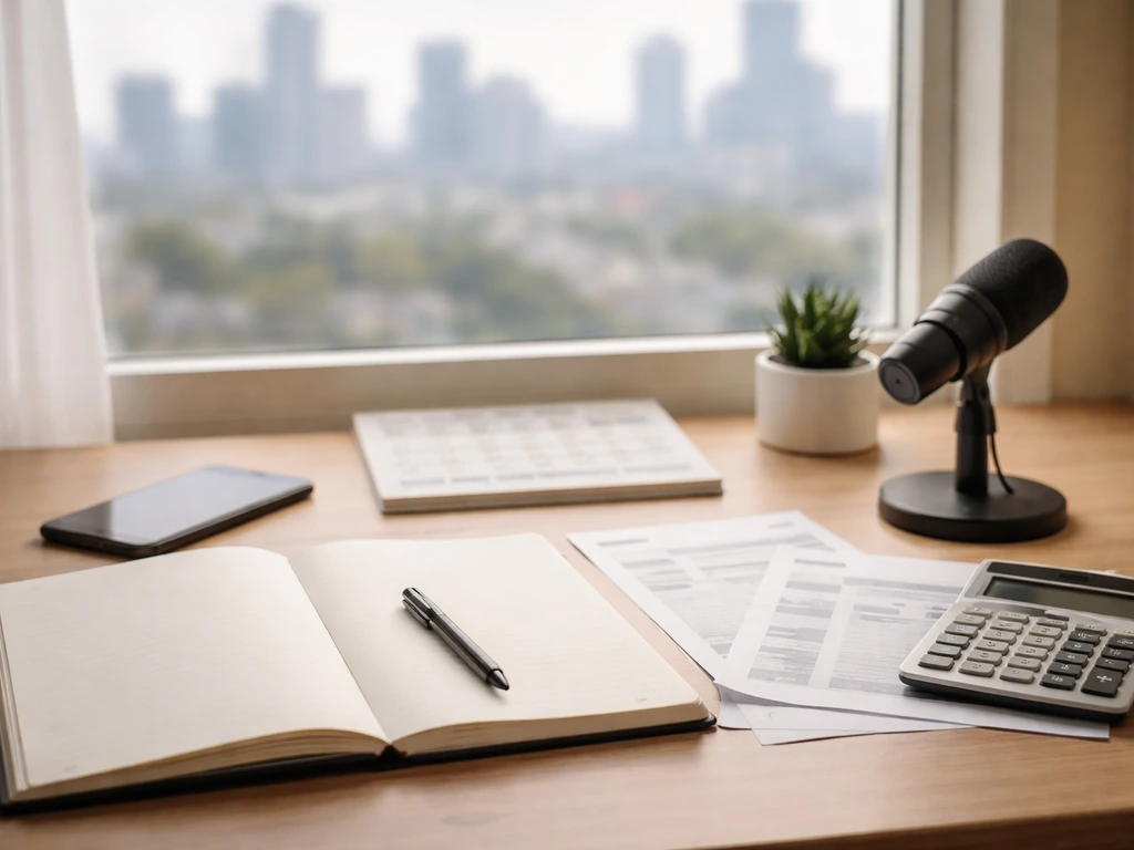 Minimal desk with research tools and blurred media/financial inputs suggesting an estimate methodology.
