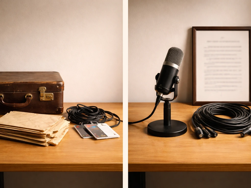 Minimal desk scene with tour items on one side and studio/media gear on the other, symbolizing different income drivers.