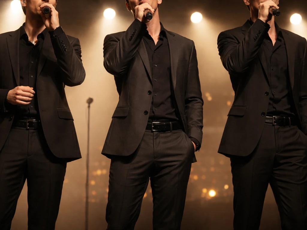 Anonymous three-performer trio singing onstage under warm spotlights in a minimal front-facing shot.