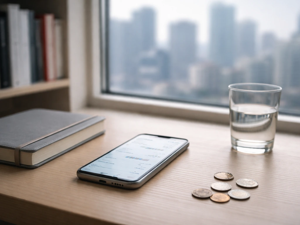 Minimal studio desk with smartphone and coins, symbolizing finance estimates and uncertainty.