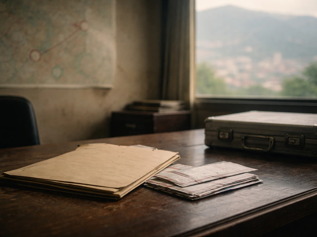 1980s wooden desk with archival letters and a blurred map wall hinting Pereira–Medellín ties