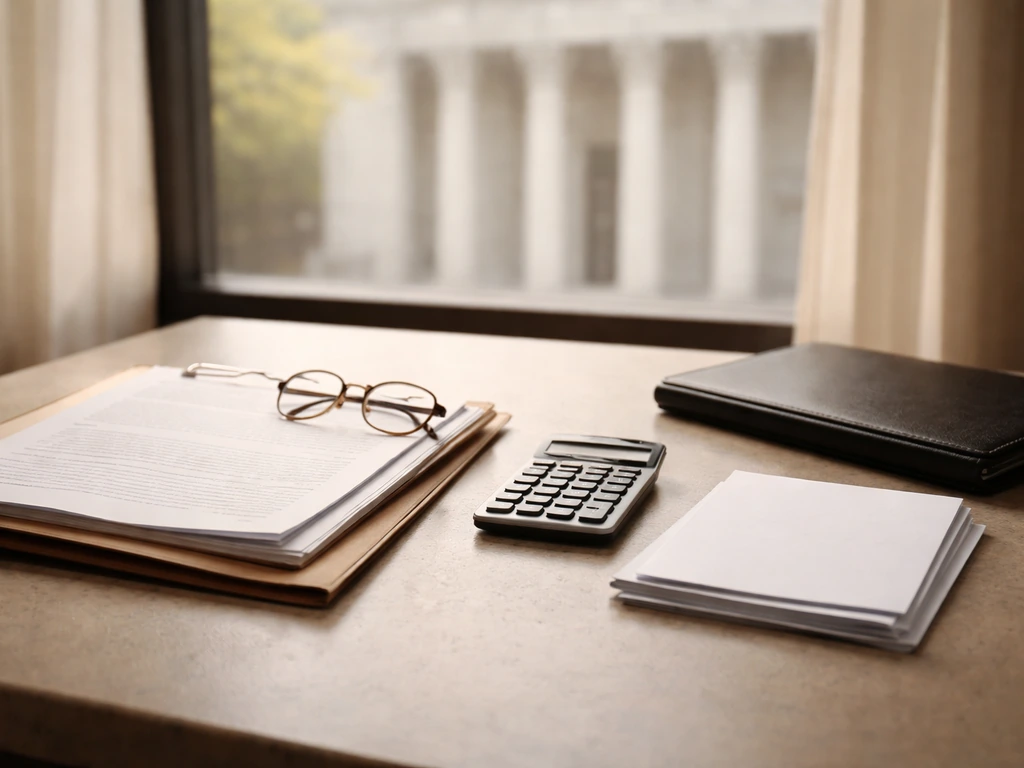 Minimal desk with blank legal papers and calculator, softly blurred courthouse background, finance research mood