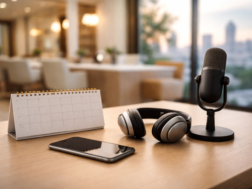 Minimal desk scene with phone, headphones, and microphone suggesting a services platform and valuation context.