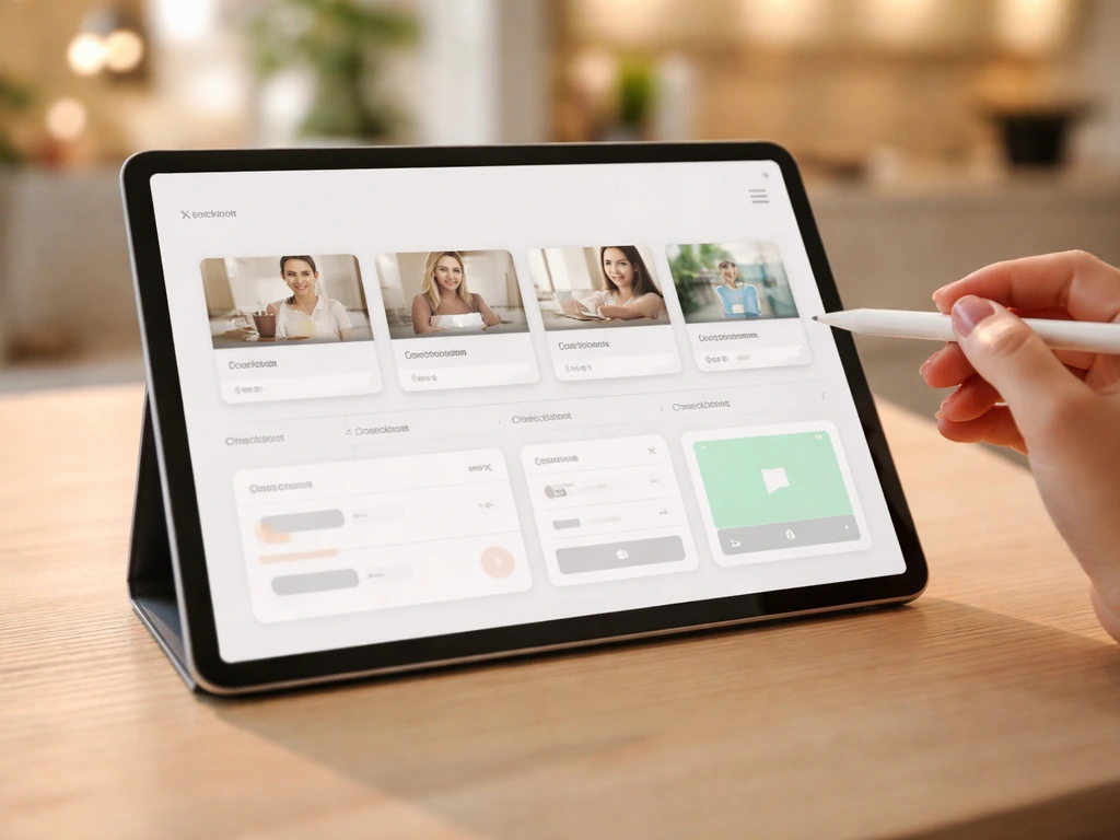Anonymous tablet on a desk displaying a booking and payment flow for a salon or fitness service