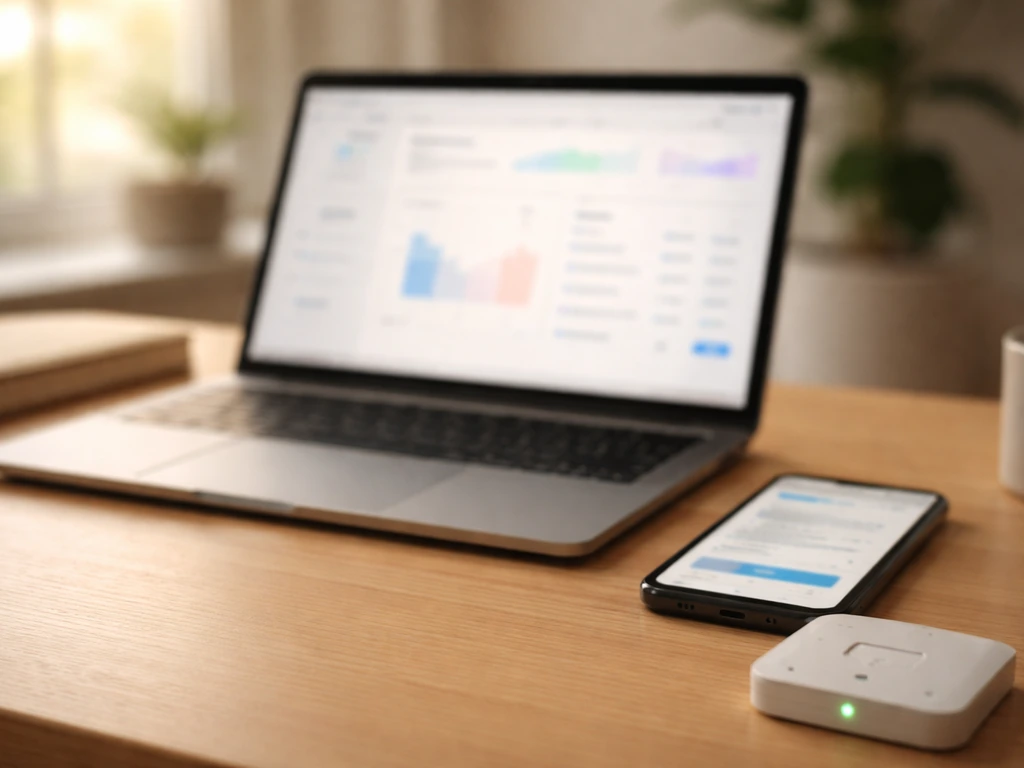 Laptop and phone on a desk with a small payment card reader, suggesting subscription and transaction signals.