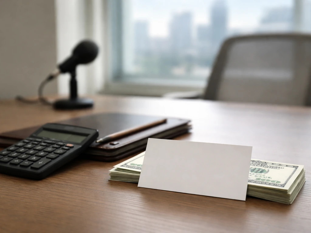 Calculator and blank valuation range card on a tidy office desk with money and soft daylight.