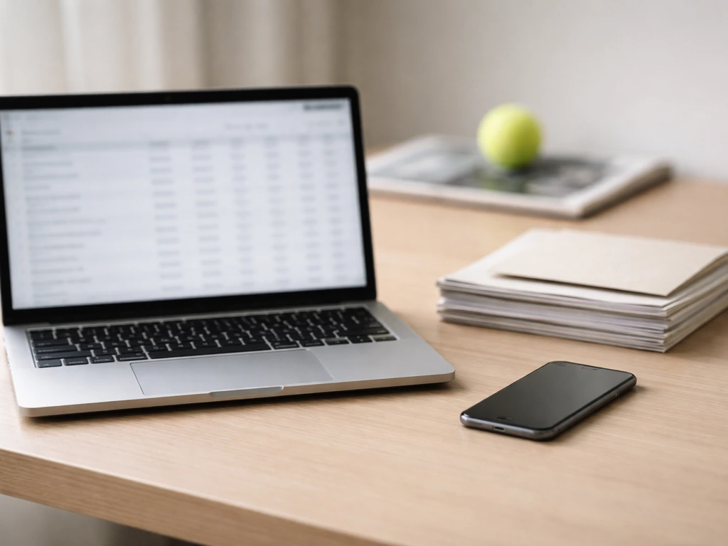 Laptop on a desk with documents, a smartphone, and tennis items symbolizing public-data net worth estimates.