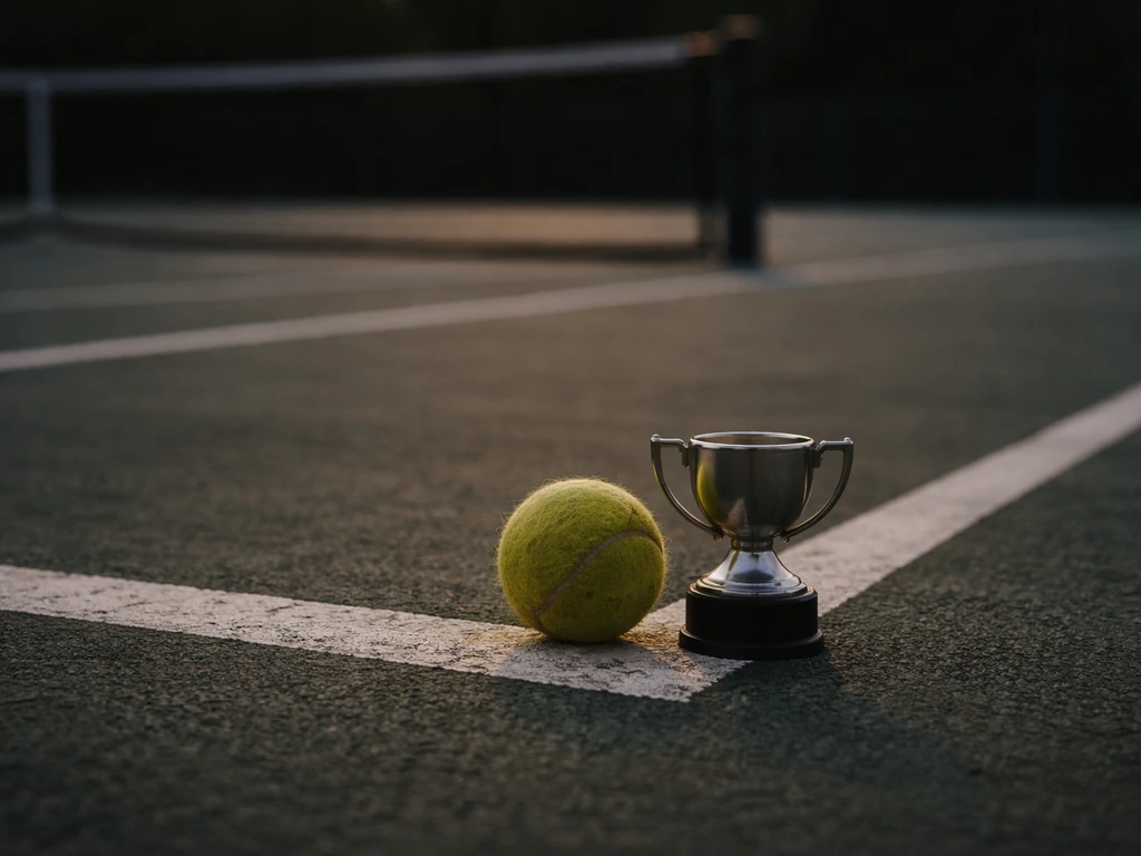 Tennis court corner at dusk with a worn ball and a small trophy on the baseline