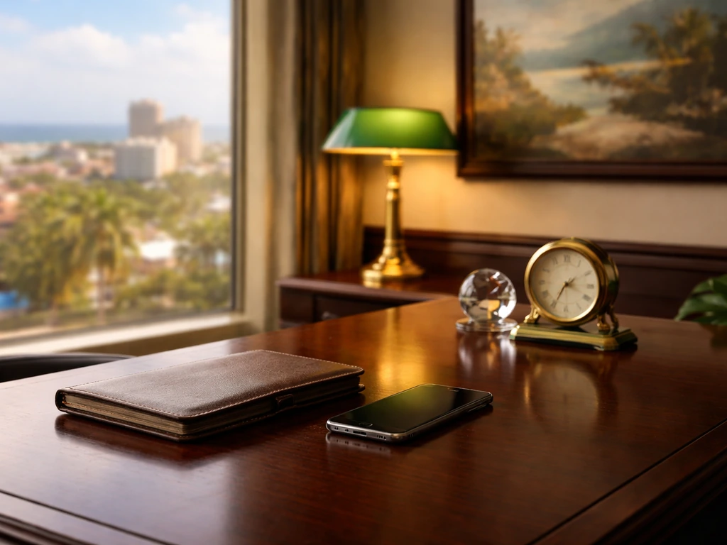 Minimal executive office with Caribbean skyline view, desk items suggesting wealth and business analysis.