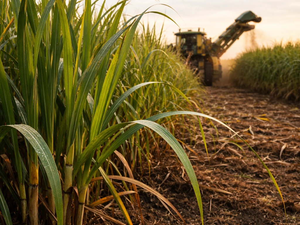 Close-up of sugarcane field with harvesting equipment in a Dominican Republic landscape