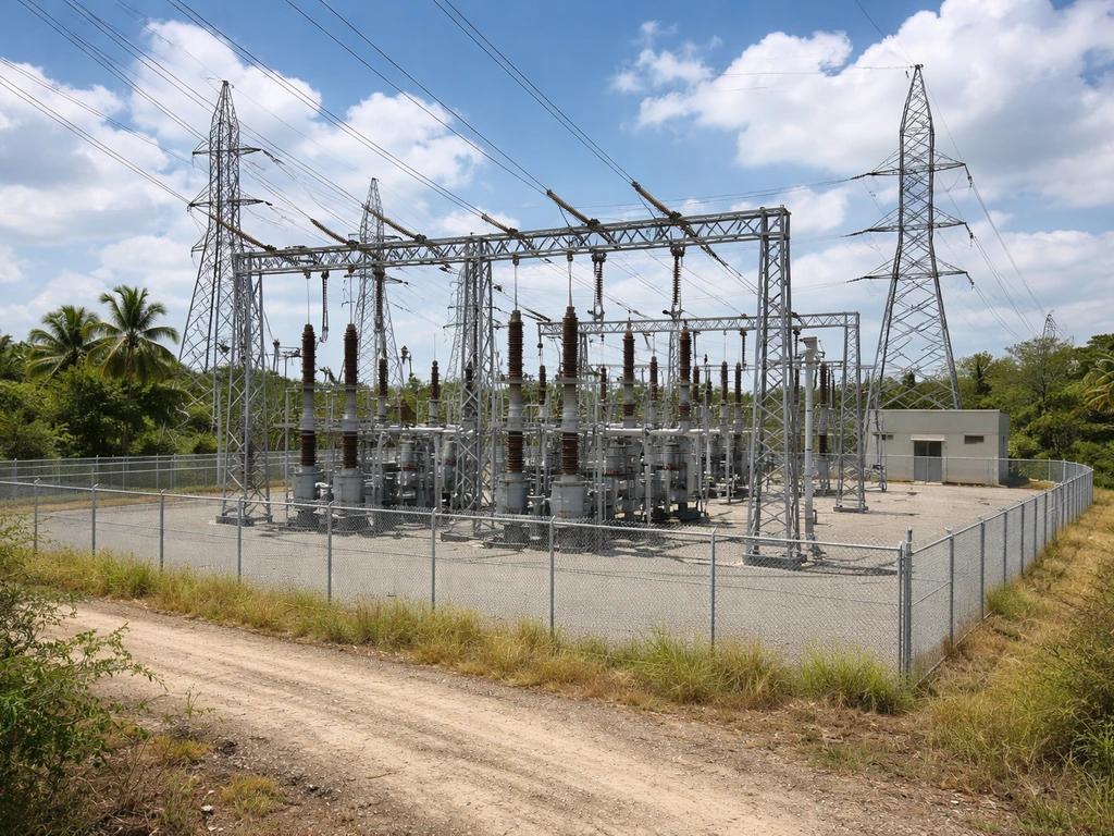 A minimal photo of an electric substation with transmission lines and fenced infrastructure under a bright sky.