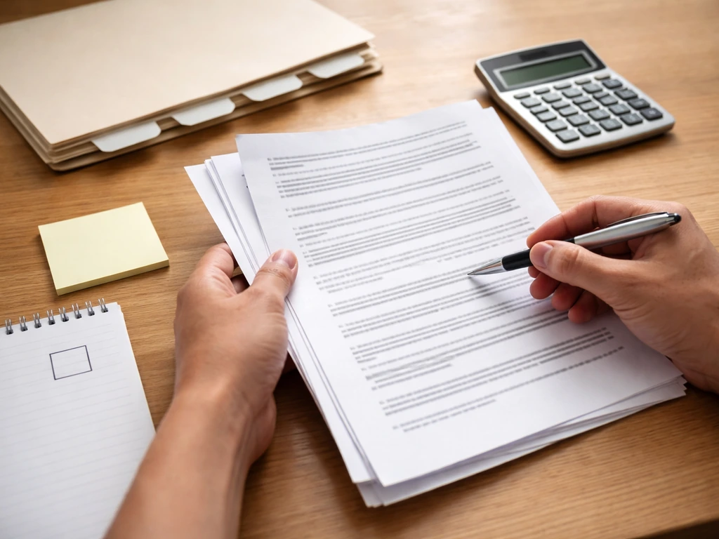 Hand flipping through bank filing papers on a desk with a calculator, highlighting key fields to verify a net worth.