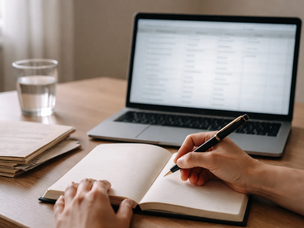 Open notebook beside a laptop showing blurred name fields and a fountain pen, symbolizing name-spelling research.