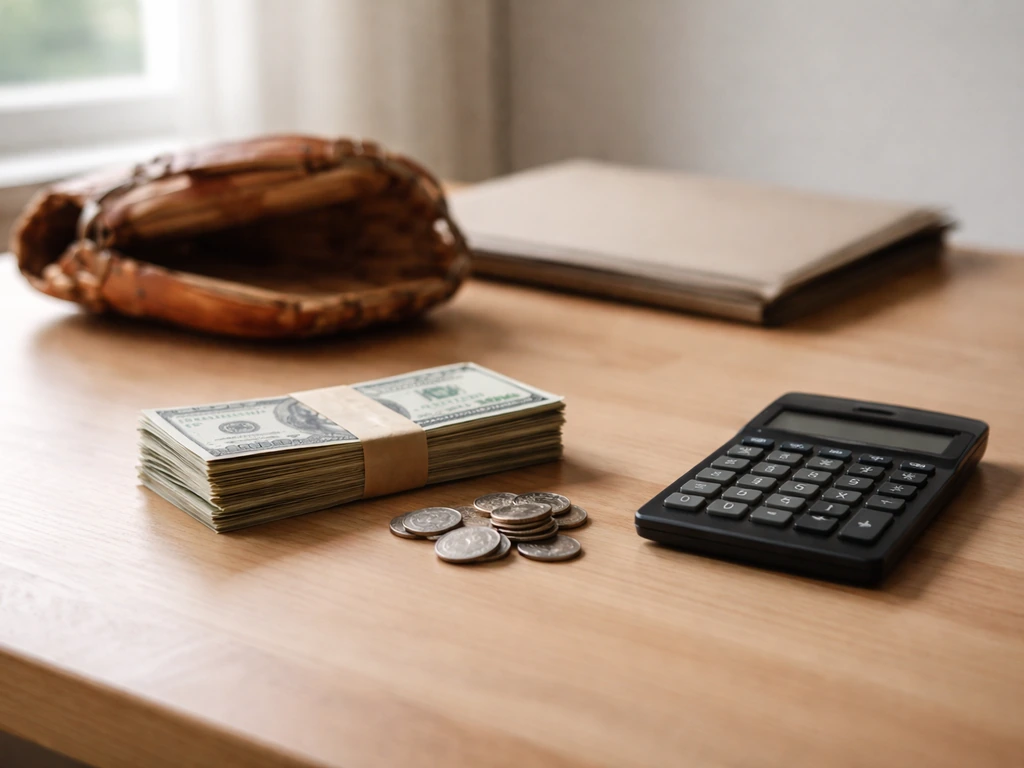 Simple scene of a baseball glove and cash near a tidy desk, suggesting MLB earnings breakdown range.
